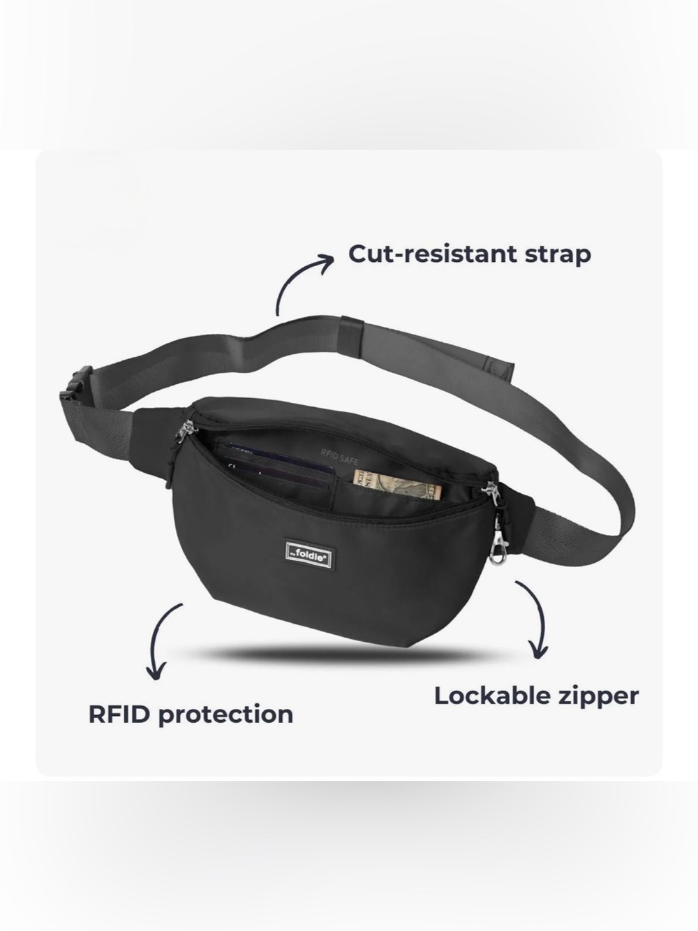 The Foldie Black Foldable Travel Hands Free Cut Resistant Crossbody - Picture 5 of 10